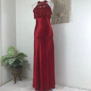 Faviana new york 80s 90s vintage red satin lace sparkle maxi gown size 3 4 S